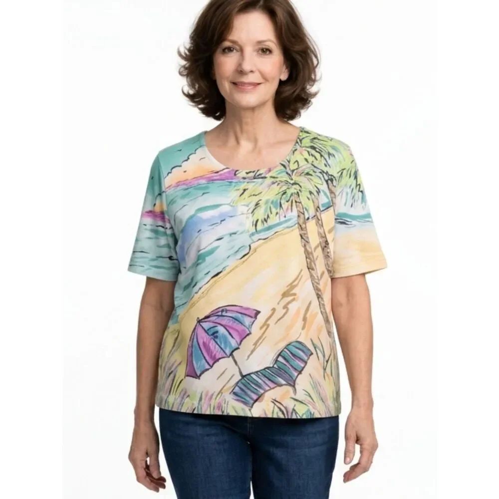 Koret Multi Color Beach Palm Tree Print Pullover Short Sleeve Top